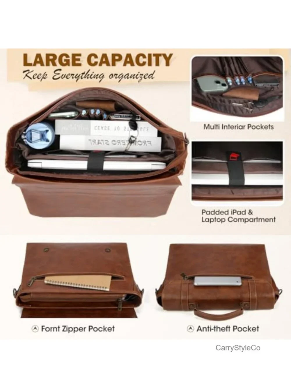 Vintage PU Leather Messenger Bag Waterproof Laptop Briefcase for Men Crossbody